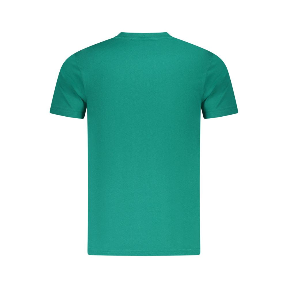 Back view of Cavalli Class Green Cotton Men T-Shirt featuring short sleeves and a crew neck design.