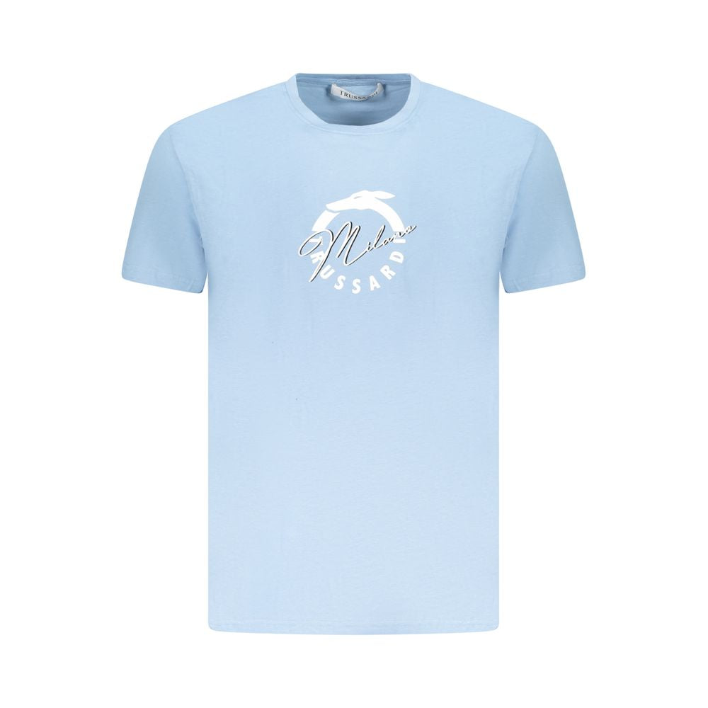Trussardi Light Blue Cotton Men T-Shirt with logo print, short sleeve, comfortable premium cotton for casual sophistication.