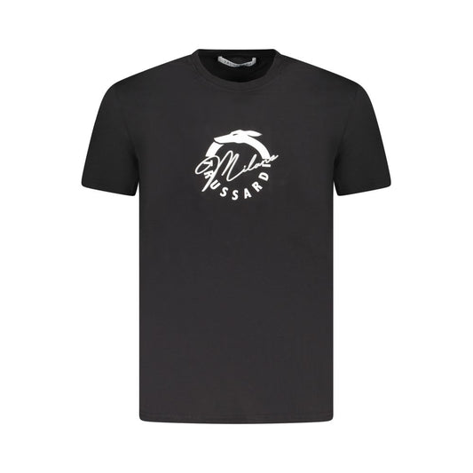 Trussardi Black Cotton Men T-Shirt with logo print on front, showcasing urban elegance in luxurious cotton for casual style.