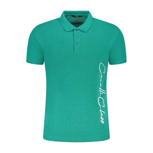 Cavalli Class Green Cotton Men Polo Shirt with logo in bold green featuring short sleeves and buttons, showcasing sophistication and comfort.