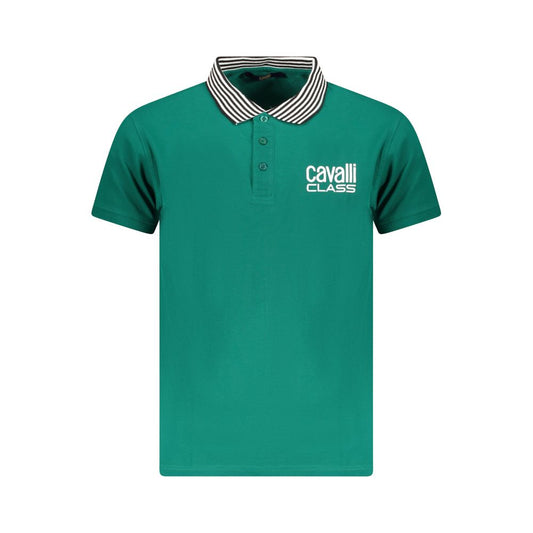 Cavalli Class Green Cotton Men Polo Shirt with logo and contrasting details, short sleeves, perfect for sophisticated style and comfort.