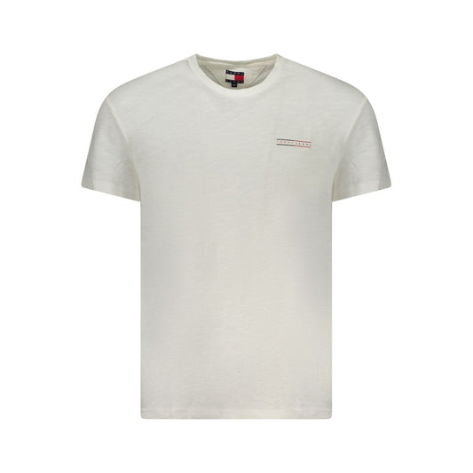 Tommy Hilfiger White Cotton Men T-Shirt with crewneck, iconic logo, and sustainable 95% regenerative cotton design for casual sophistication.