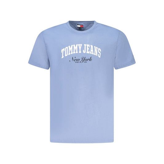 Tommy Hilfiger Blue Cotton Men T-Shirt with white logo print on front, crew neck design, made from eco-friendly cotton, casual fashion choice.