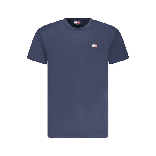 Tommy Hilfiger Blue Cotton Men T-Shirt with iconic logo embroidery, short sleeves, and crew neck, crafted from sustainable regenerative cotton.
