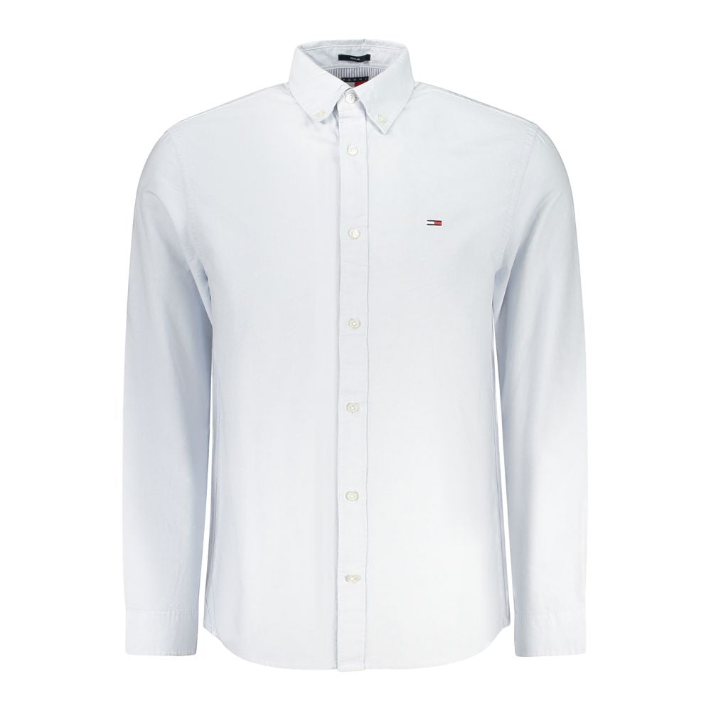 Tommy Hilfiger Blue Cotton Men Shirt with button-down collar and subtle logo embroidery.