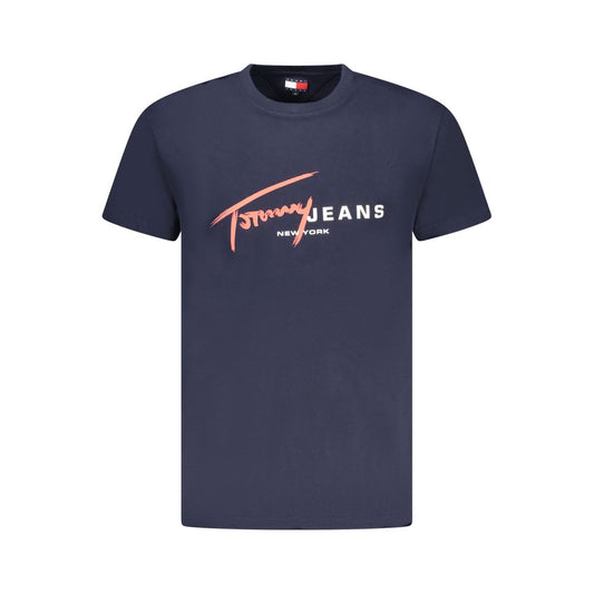 Tommy Hilfiger Blue Cotton Men T-Shirt with brand logo, crew neck, and sustainable design from 95% regenerative cotton.