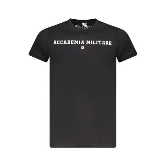 Accademia Militare Black Cotton T-Shirt with short sleeves, crew neck, logo print, and contrast design