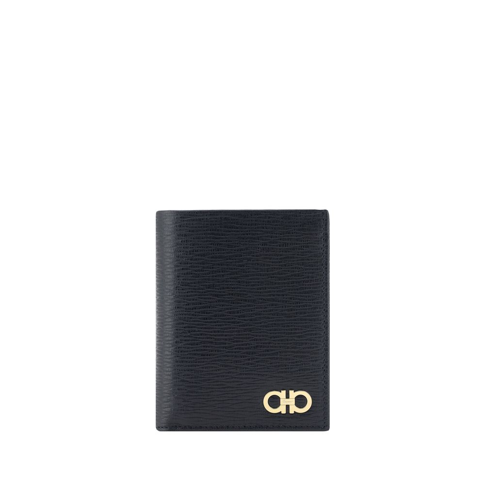 Ferragamo Wallet in calfskin leather with Gancini logo, billfold design, card slot, and coin pocket, Autumn Winter 2025 collection, made in Italy.
