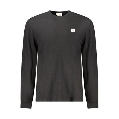 Calvin Klein Black Cotton Men Sweater with classic crew neck and logo, long-sleeved stylish tee ideal for fashion-forward wardrobes.