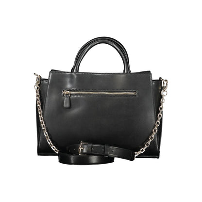 Guess Jeans Black Polyethylene Handbag with chain strap, multiple pockets, and logo, featuring adjustable, removable shoulder strap.