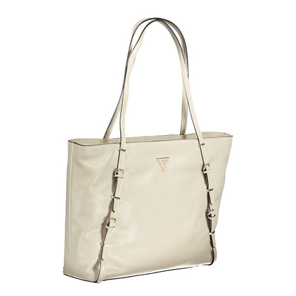 Guess Jeans Beige Polyethylene Handbag with 2 shoulder handles, external pocket, contrast details, and zip closure.