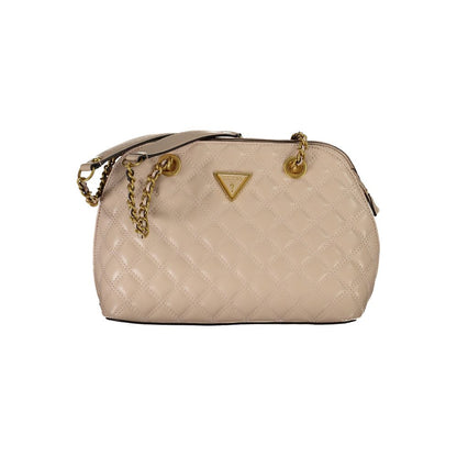 Guess Jeans Beige Polyethylene Handbag with chain shoulder handles, external compartments, and logo.