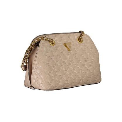 Guess Jeans Beige Polyethylene Handbag with quilted design and two gold chain handles.