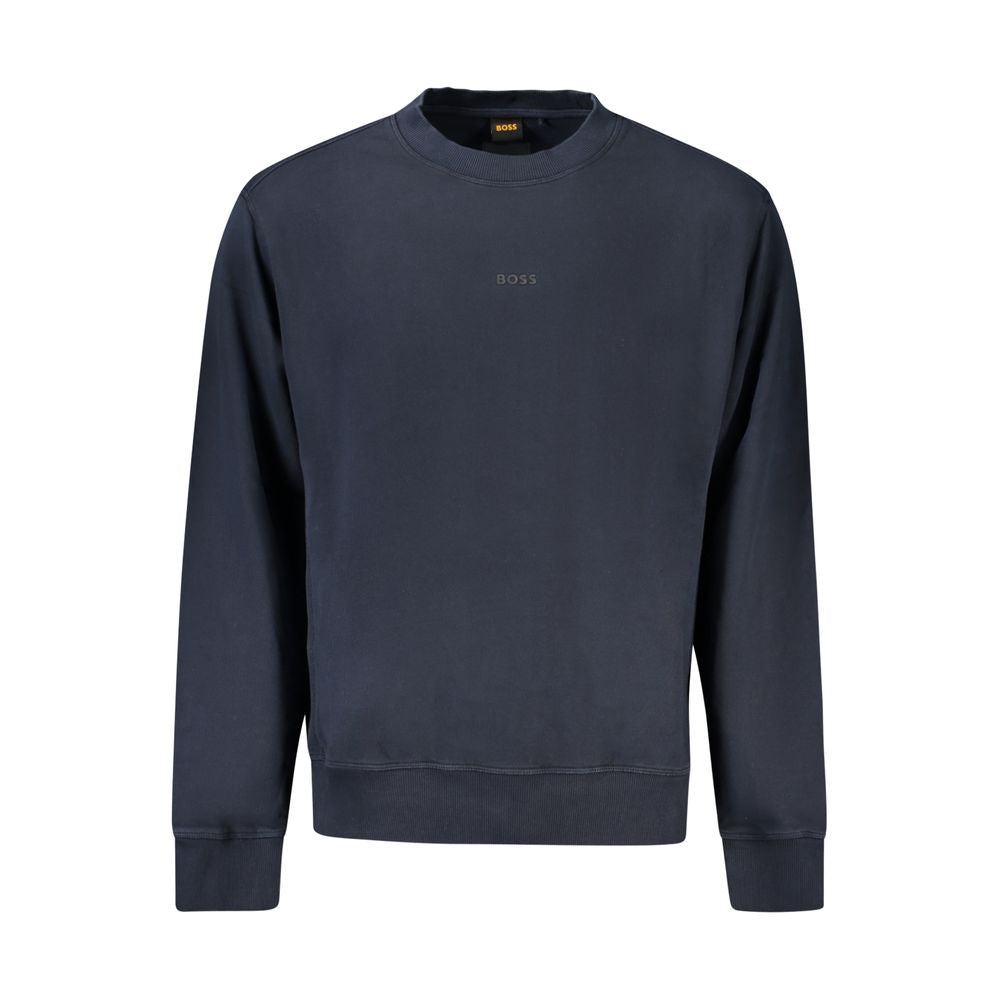 Hugo Boss Blue Cotton Men Sweater with crew neck and logo print, stylish long sleeve design for casual luxury fashion.