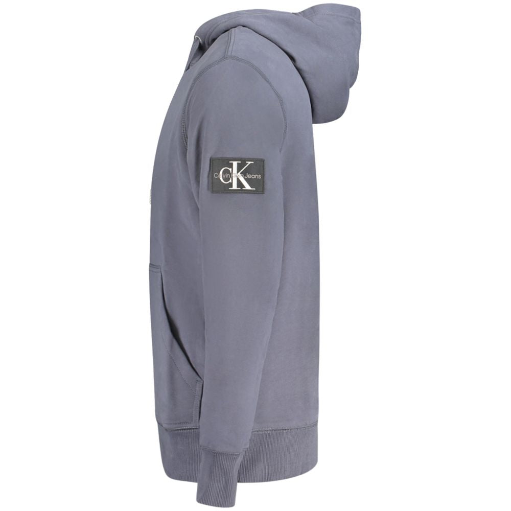 Side view of a Calvin Klein Blue Cotton Men Sweater with hood and logo patch, made from 95% regenerative cotton for casual style.