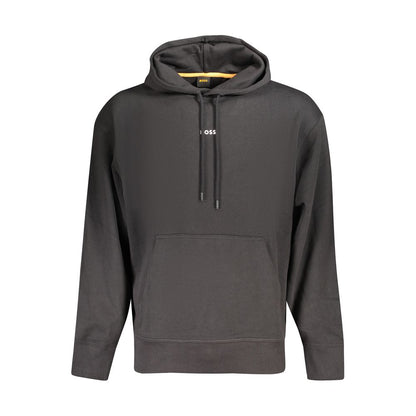 Hugo Boss Black Cotton Men Sweater, long-sleeved hoodie with central pocket for casual luxury, front view