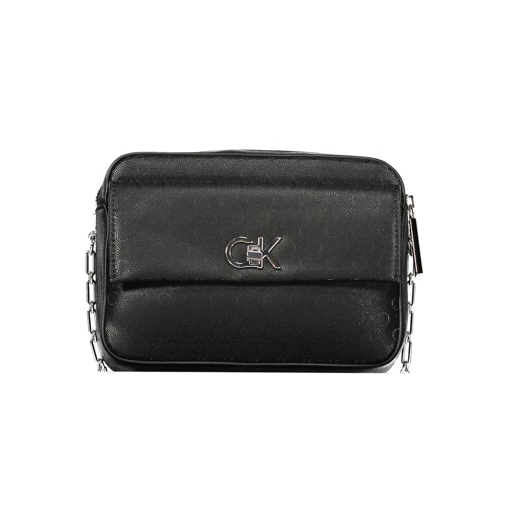 Calvin Klein Black Polyester Handbag with chain strap, featuring logo, zip and swivel closure.