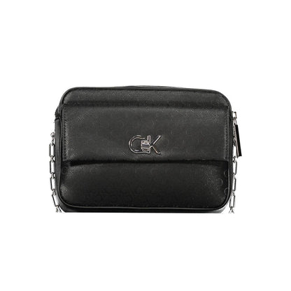 Calvin Klein Black Polyester Handbag with chain strap, featuring logo, zip and swivel closure.