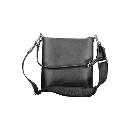 Calvin Klein Black Polyester Handbag with shoulder handle, adjustable strap, internal pocket, zip closure, and logo, made from recycled polyester.