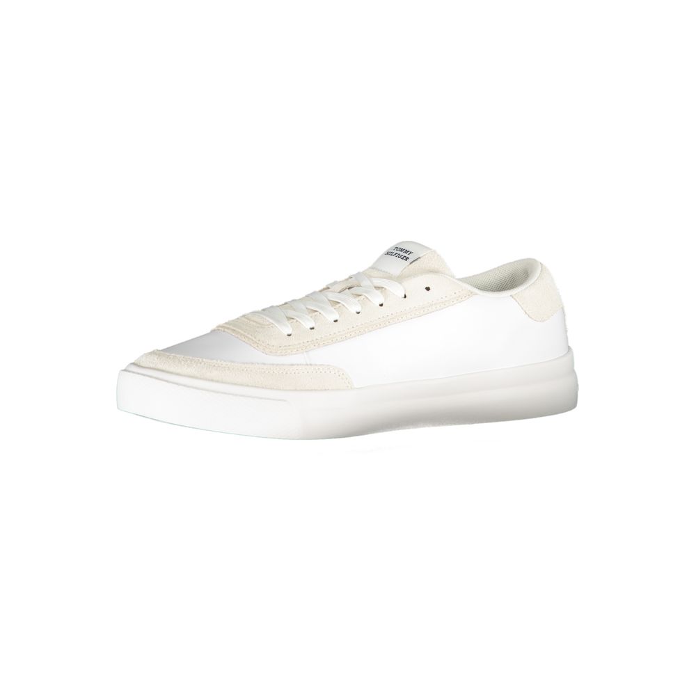 Tommy Hilfiger White Polyester Sneaker with laces, logo, and contrast details, ideal for sports footwear.