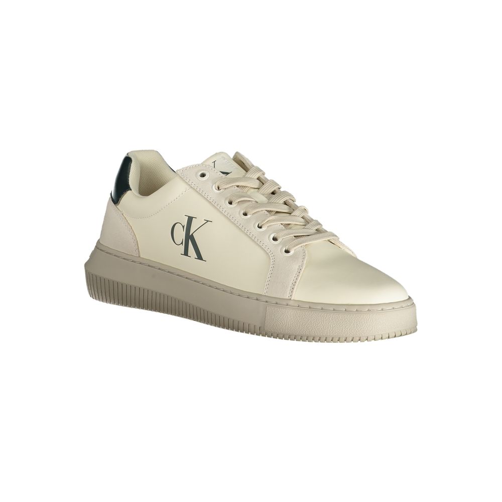 Calvin Klein White Polyester Sneaker with laces, logo print, and contrasting details made from 50% recycled thermoplastic rubber.