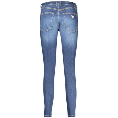 Guess Jeans Blue Cotton Women Jeans with high-rise waist and five-pocket design, featuring iconic logo for sustainable fashion.