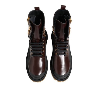 Dolce & Gabbana Brown Black Leather Boots Zipper Lace Up Shoes