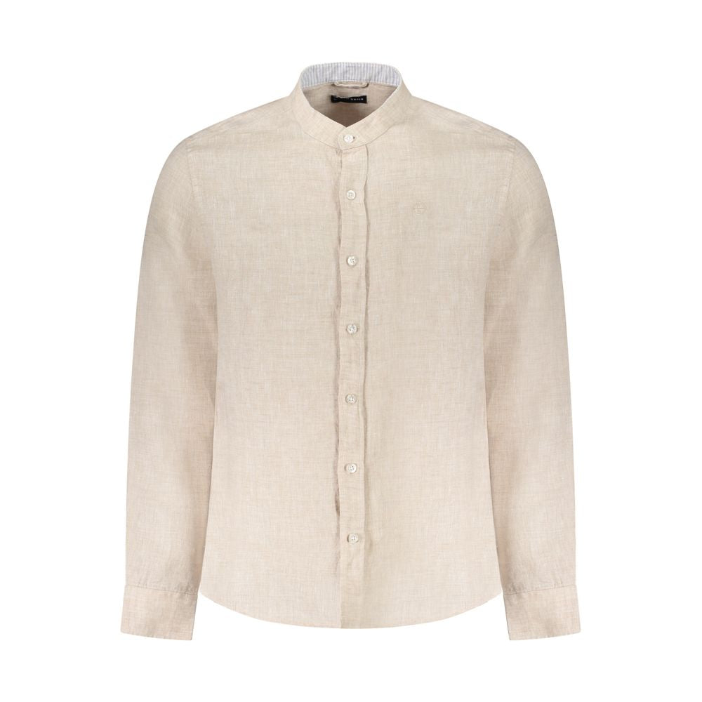 North Sails Beige Linen Shirt with Korean collar, long sleeves, button cuffs, and logo embroidery for an Ocean Positive style.