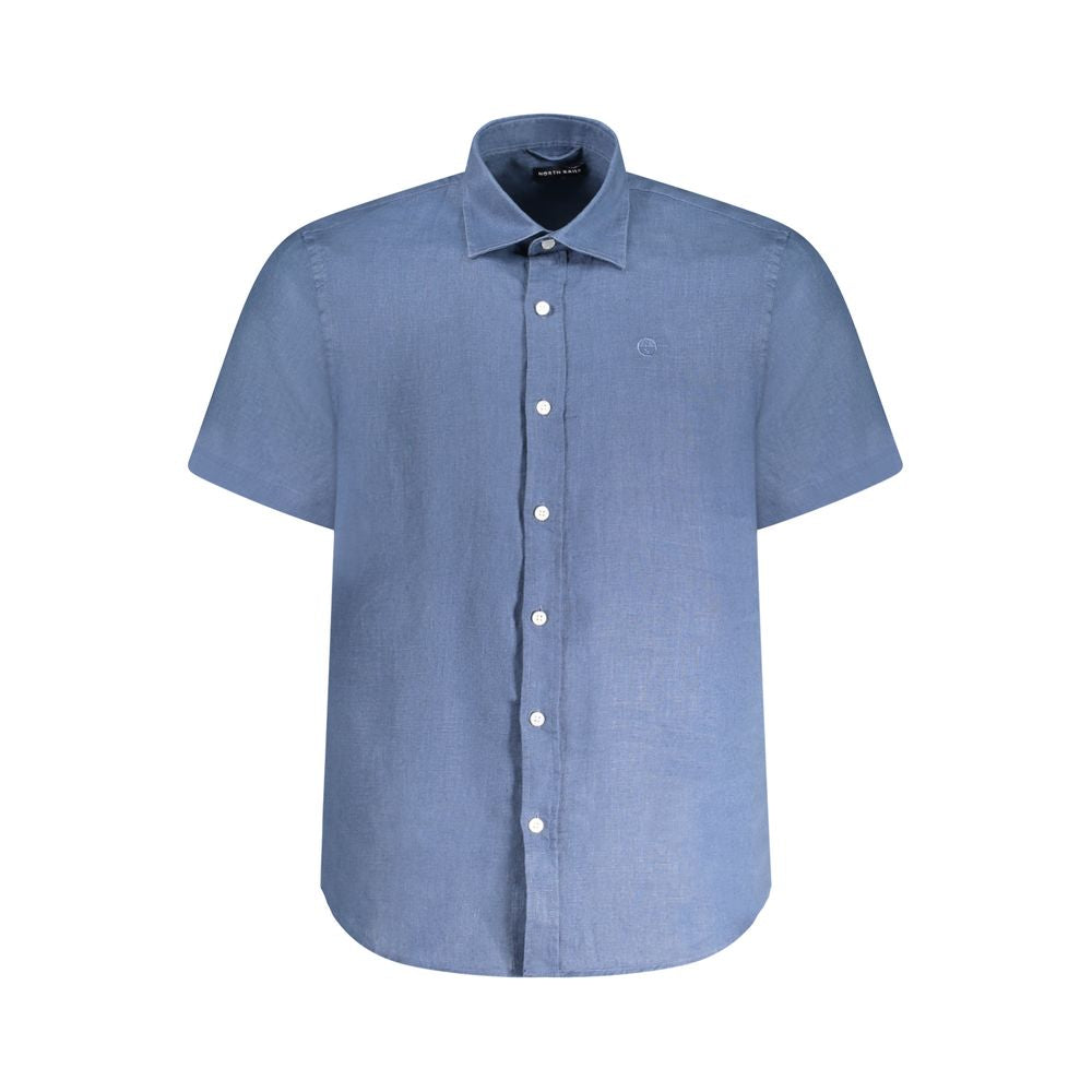 North Sails Blue Linen Shirt with short sleeves, Italian collar, buttons, and ocean positive embroidery logo.