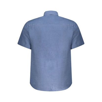 Back view of North Sails Blue Linen Shirt with Italian collar and short sleeves, showcasing ocean-positive design and logo embroidery.
