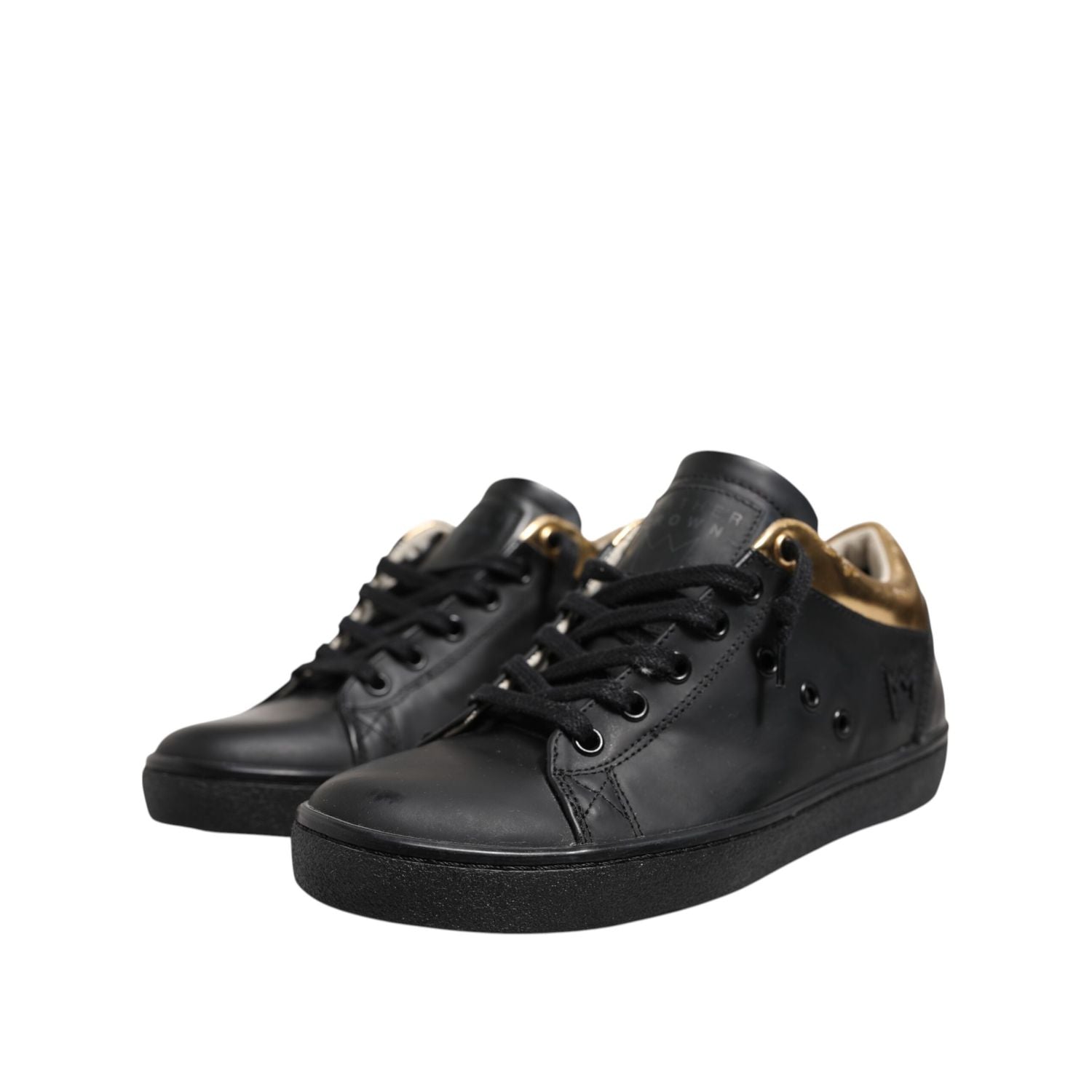 Leather Crown Black Gold Lace Up Low Top Women Sneakers Shoes