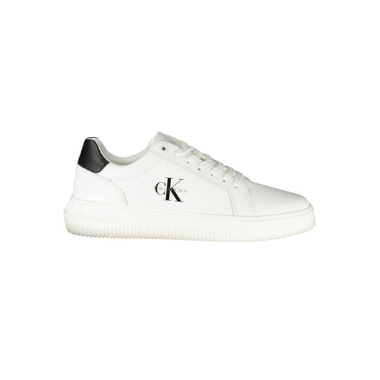 Calvin Klein White Leather Men Sneaker with black accents and logo, perfect for modern street style and comfort.