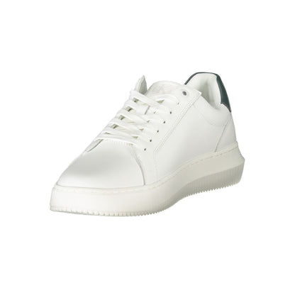 Calvin Klein White Leather Men Sneaker with contrasting green details and logo on sleek white design.