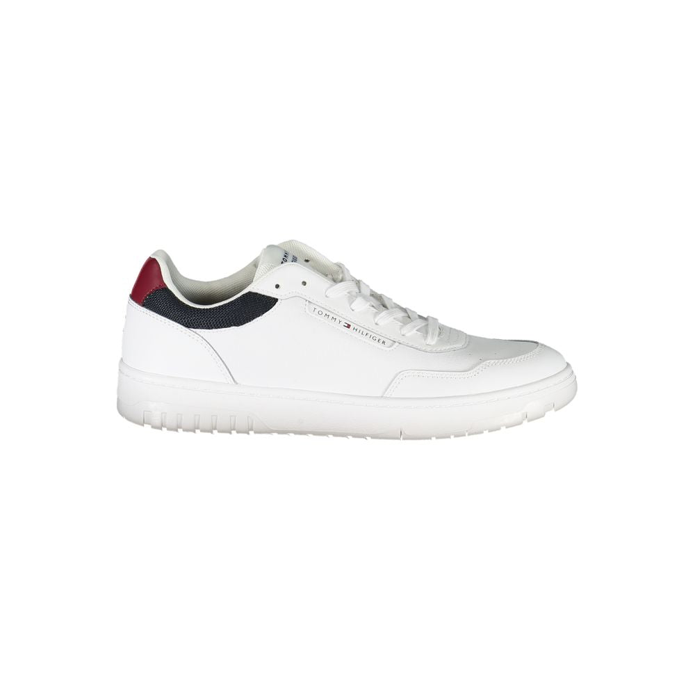 Tommy Hilfiger White Leather Sneaker with laces and contrasting details, featuring a removable insole and logo print.