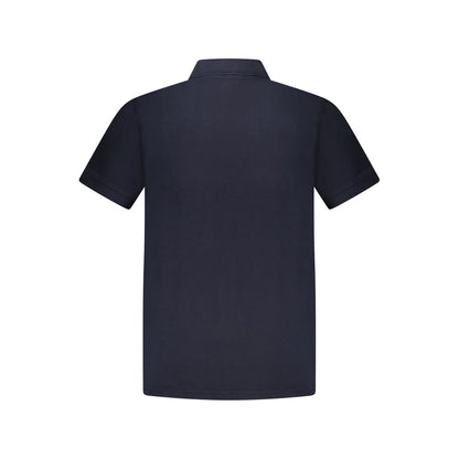 Back view of Hugo Boss Blue Cotton Polo Shirt, short sleeve, 2 buttons, printed logo.
