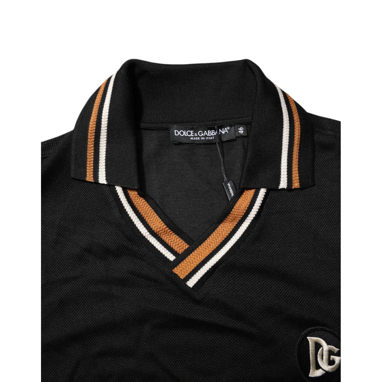 Dolce & Gabbana Black DG Silk V-neck Collared Men Polo T-shirt