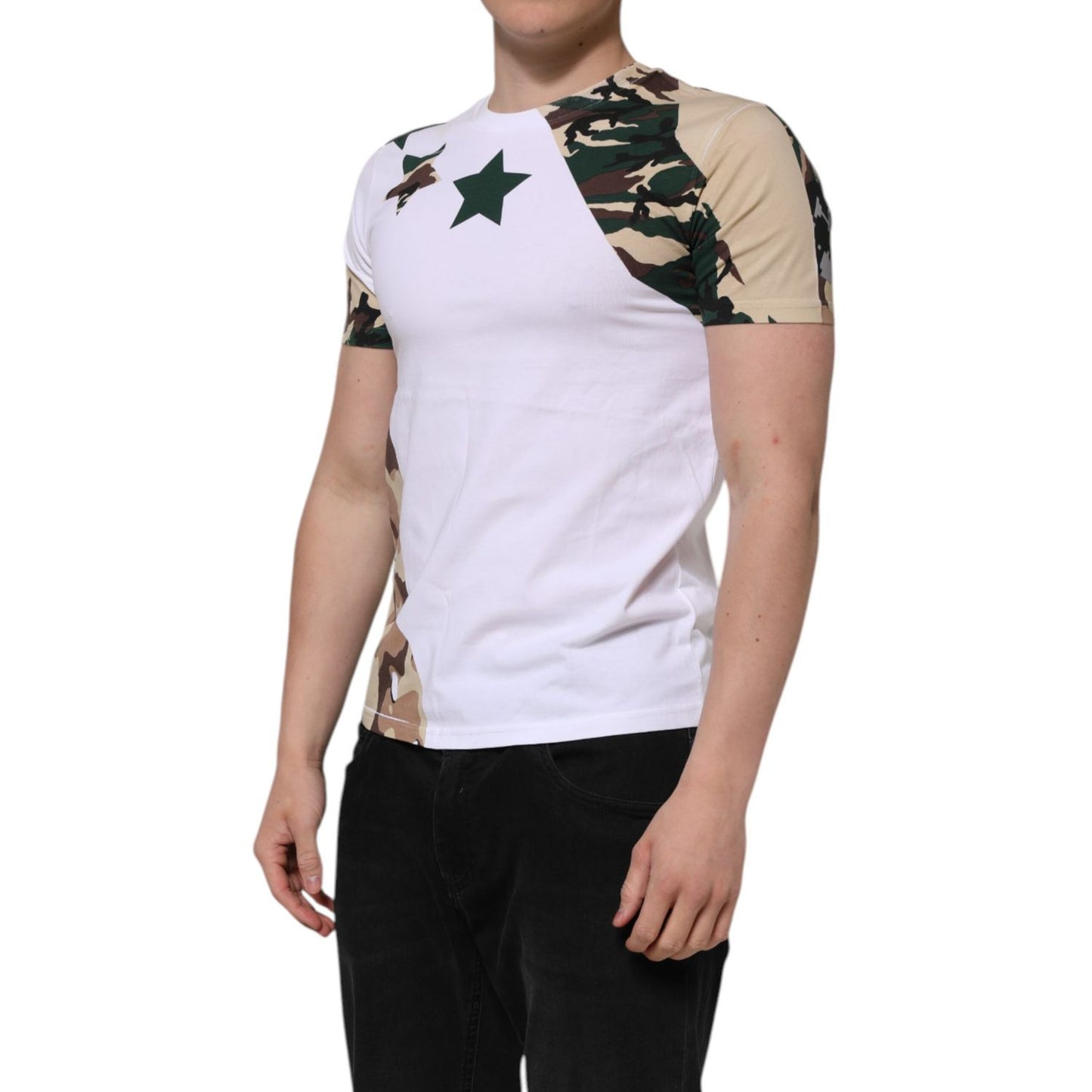 Dolce & Gabbana White Camouflage Cotton Men Crew Neck T-shirt