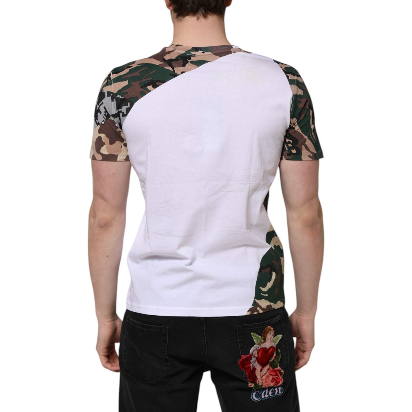 Dolce & Gabbana White Camouflage Cotton Men Crew Neck T-shirt