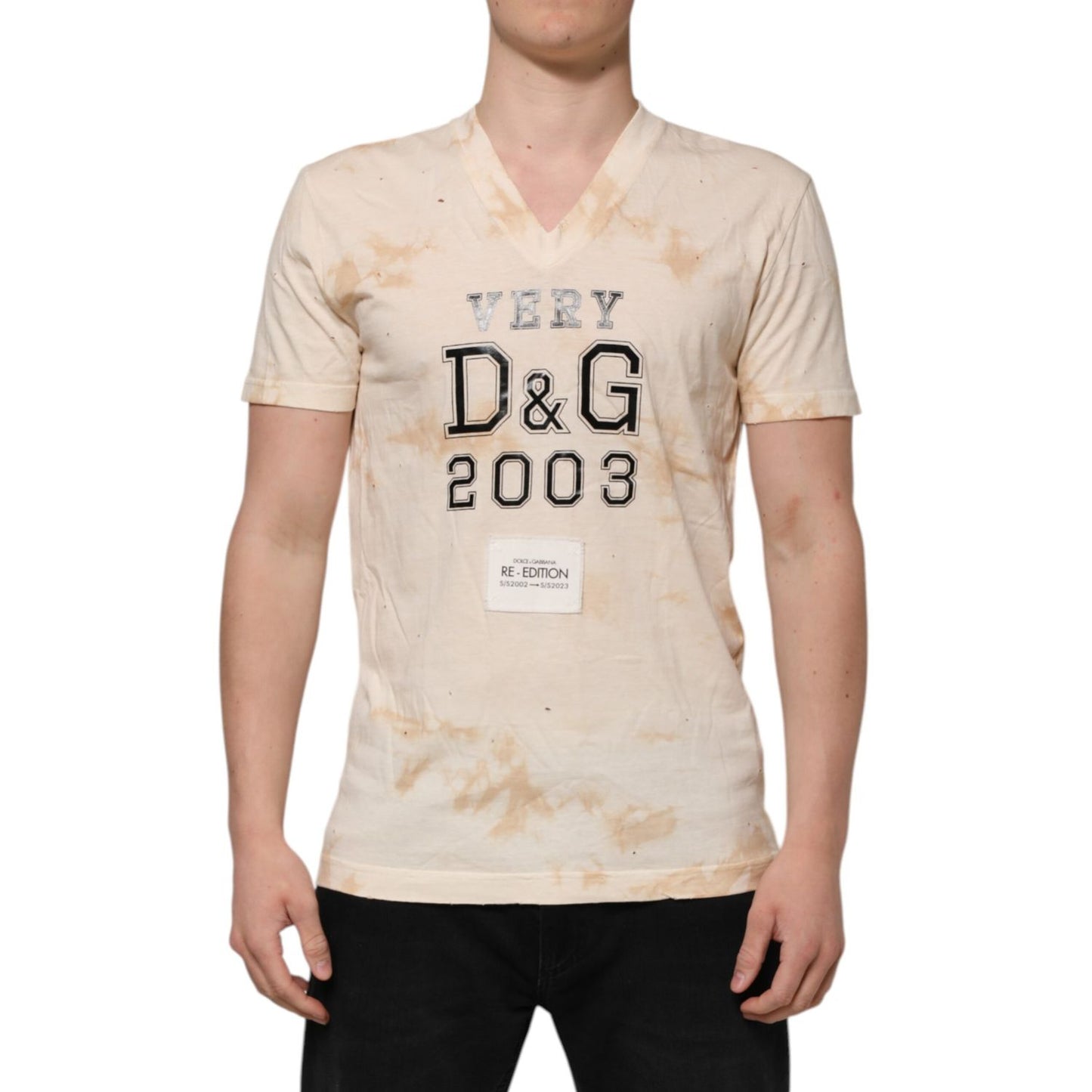 Dolce & Gabbana Beige Logo Print Short Sleeve V-neck T-shirt