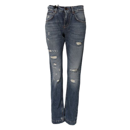 Dolce & Gabbana Blue Cotton Tattered Mid Waist Denim Jeans