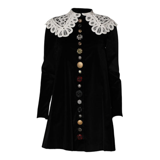 Dolce & Gabbana Black Velvet Lace Collared Embellished Dress