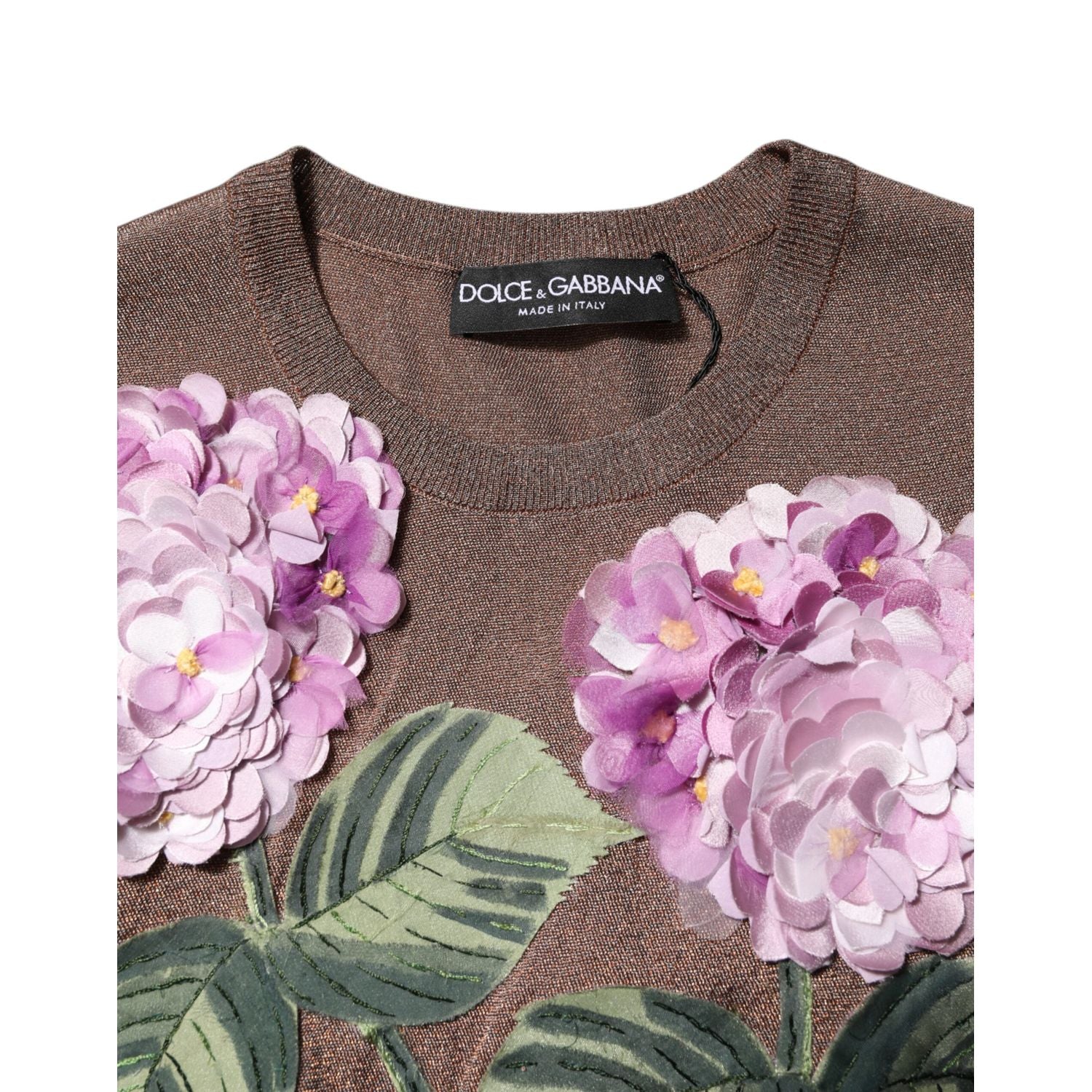 Dolce & Gabbana Brown Lily Embellished Round Neck Blouse Top