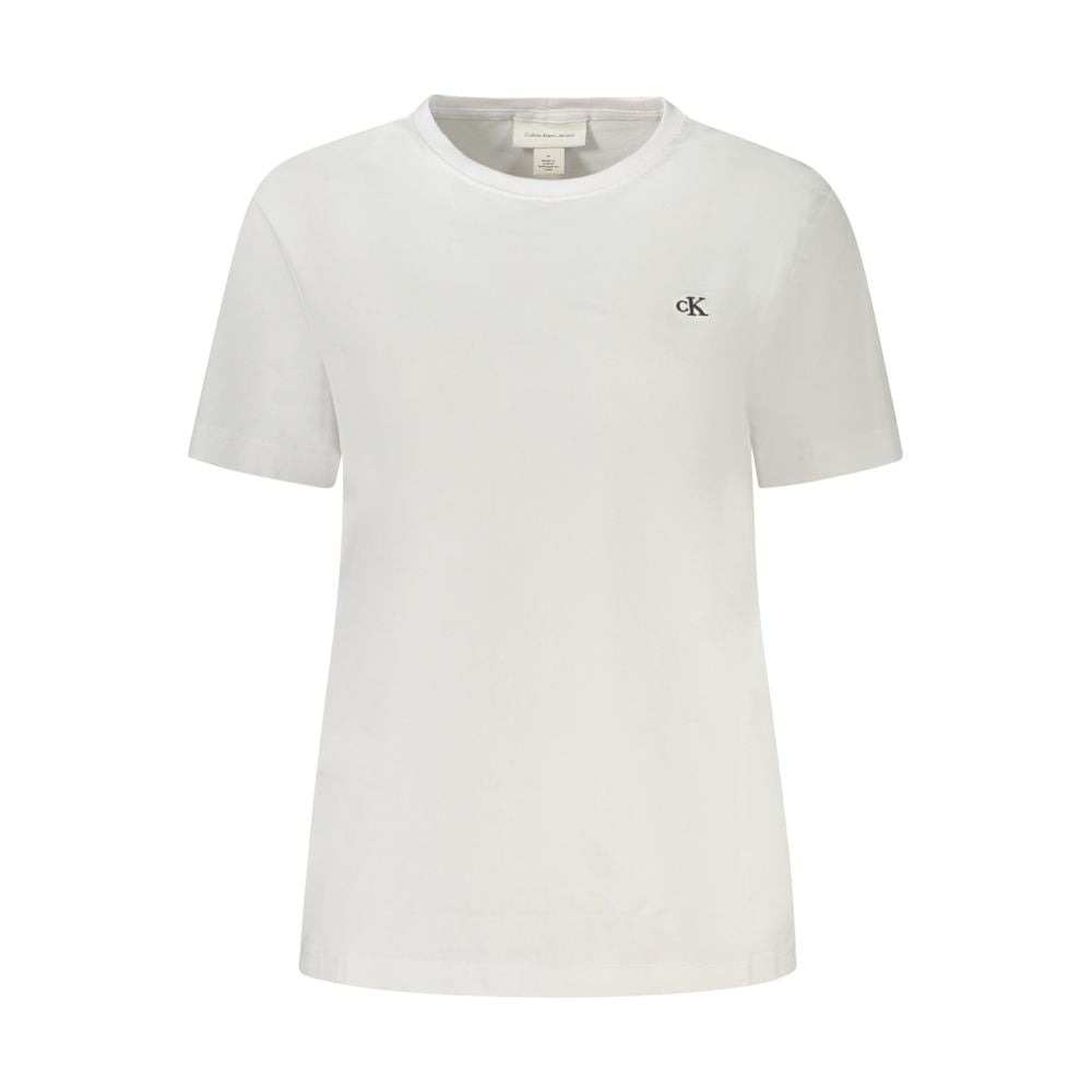 Calvin Klein White Cotton Women T-Shirt with embroidered logo, showcasing sleek crew neck design, perfect for casual or layered outfits.