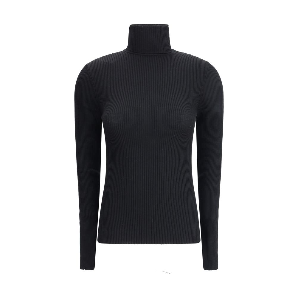 Wolford Black Fleece Wool Turtleneck with long sleeves, ribbed texture, and slim fit.