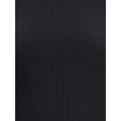 Close-up of Wolford Black Fleece Wool Turtleneck showcasing the ribbed weave pattern and slim fit design.