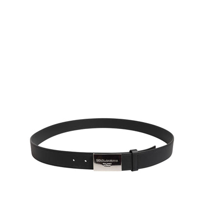 Dolce & Gabbana Black Leather Silver Metal Logo Buckle Belt
