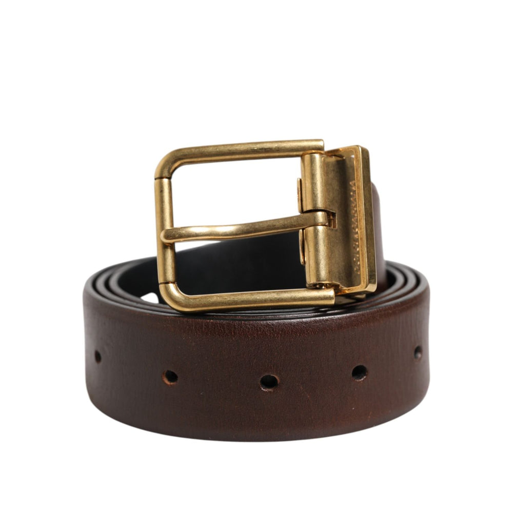 Dolce & Gabbana Brown Classic Gold Metal Logo Buckle Men Belt