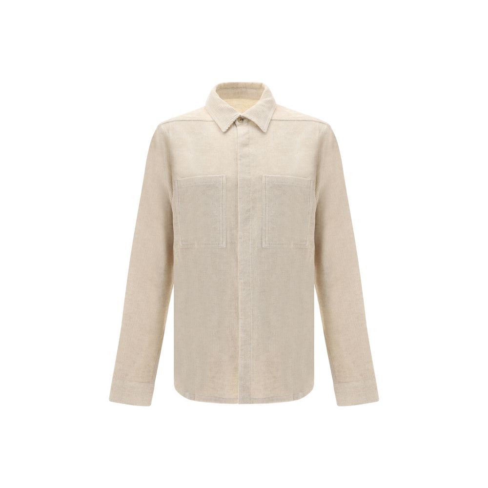 Rick Owens Cream Cotton Shirt with classic collar and patch pockets, featuring a minimalist design for AW25 season.