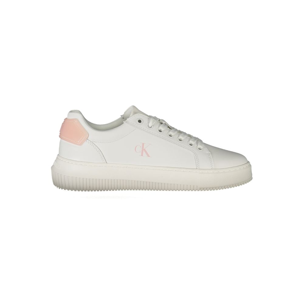 Calvin Klein White Leather Women Sneaker with pink accents and CK logo, offering style and comfort with a removable footbed.