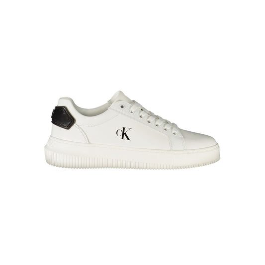 Calvin Klein White Leather Women Sneaker with black accents, showcasing sleek urban style and comfort with removable footbed.